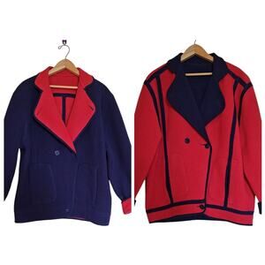 VTG Wetherall Reversible Coat Jacket Red Blue‎ Large XL Button Front Wool Llama